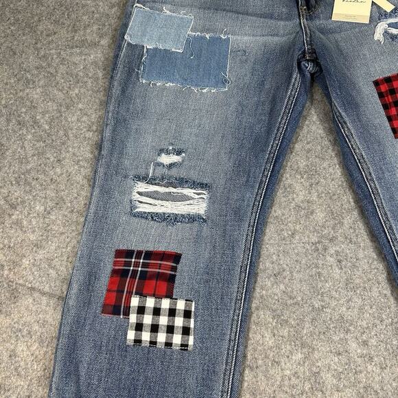 Kancan Jeans Womens 30 High Rise Boyfriend Medium Wash Denim Patch Distressed - Picture 2 of 11